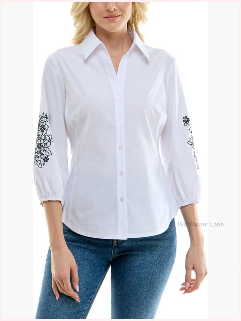 Floral Embroidery Button Up Shirt Long Sleeve Casual Cotton Blend
